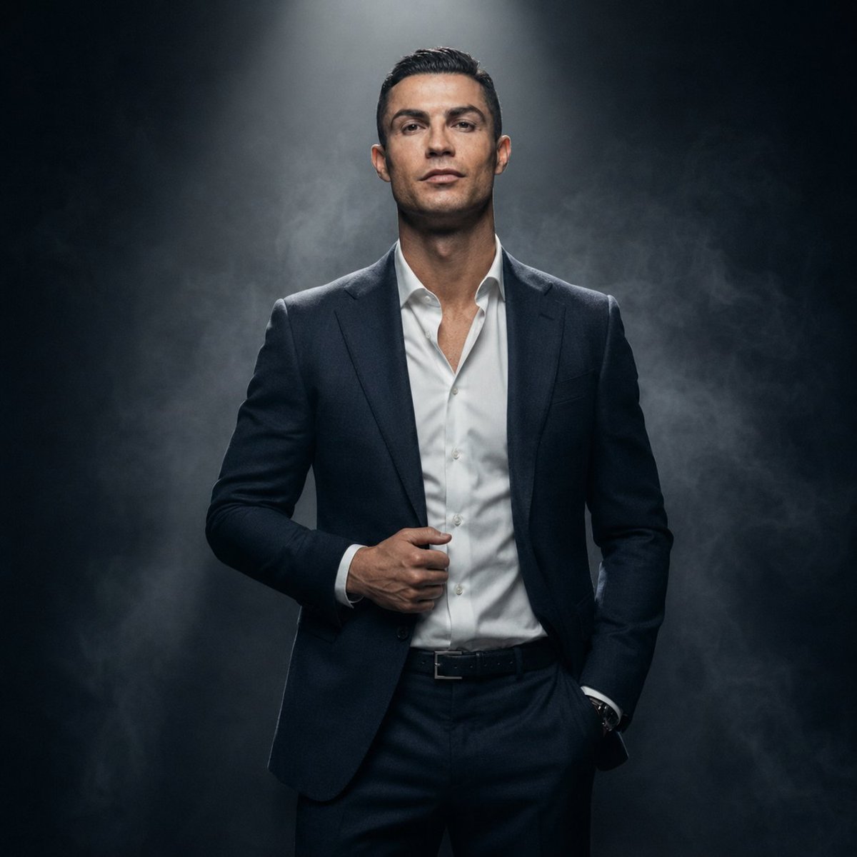 Photorealistic luxury fashion portrait of an {argument name="subject" default="athletic male executive"} standing benea…