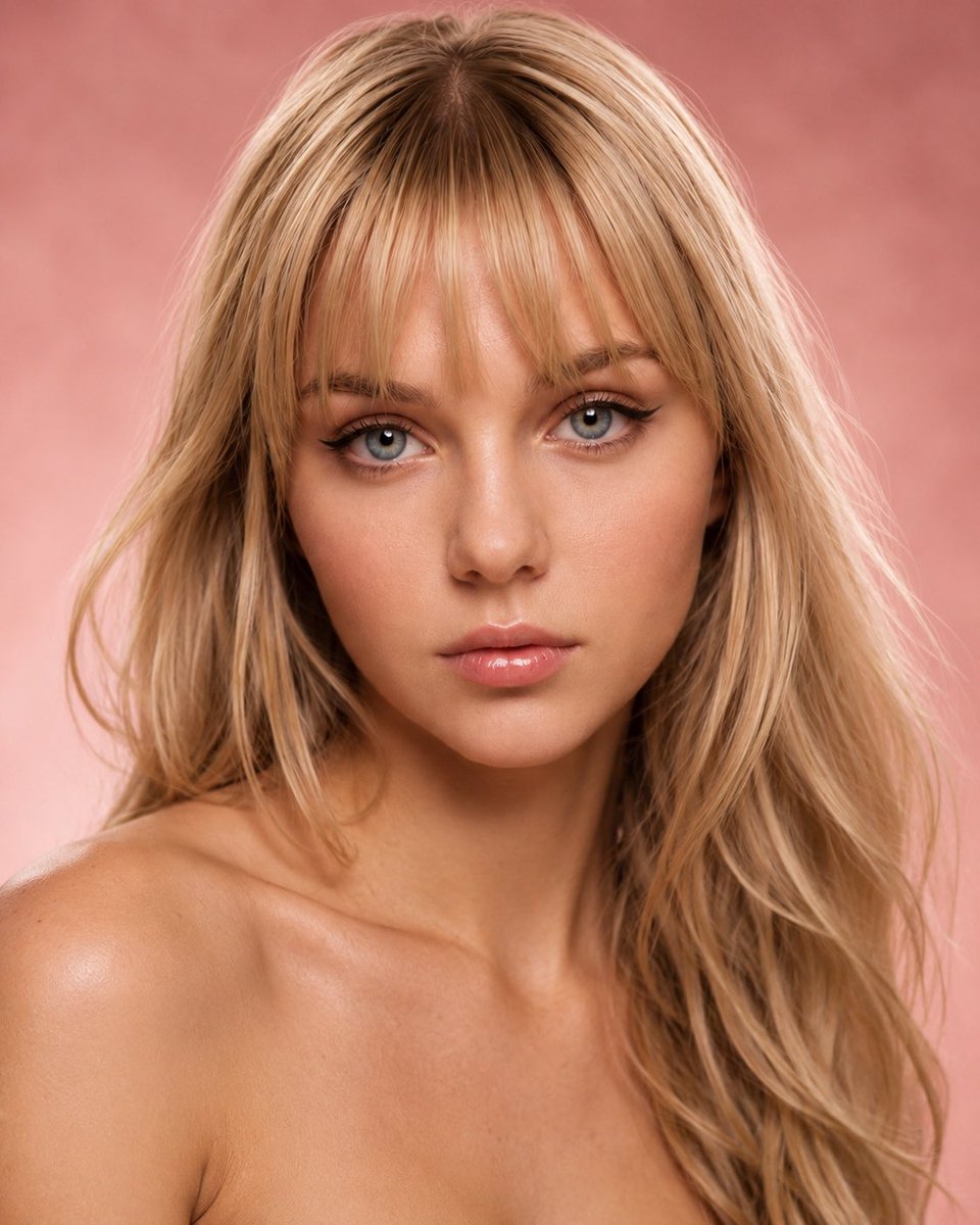 Create a 4:5 ratio {argument name="style" default="glamour portrait"} of my attached image. Bare shoulders up. Studio b…