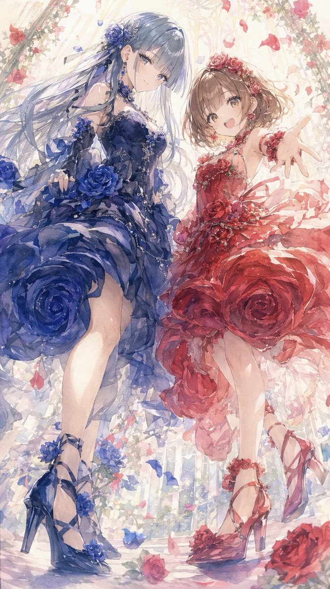 Create a vertical 9:16 anime watercolor illustration of two elegant young women in a bright rose garden or glasshouse, …