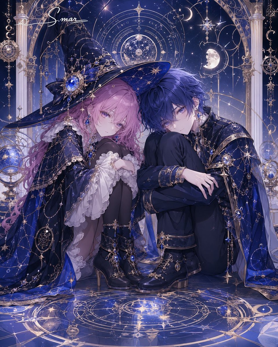 Create an extremely detailed anime fantasy illustration of two celestial magicians sitting close together in a star-fil…