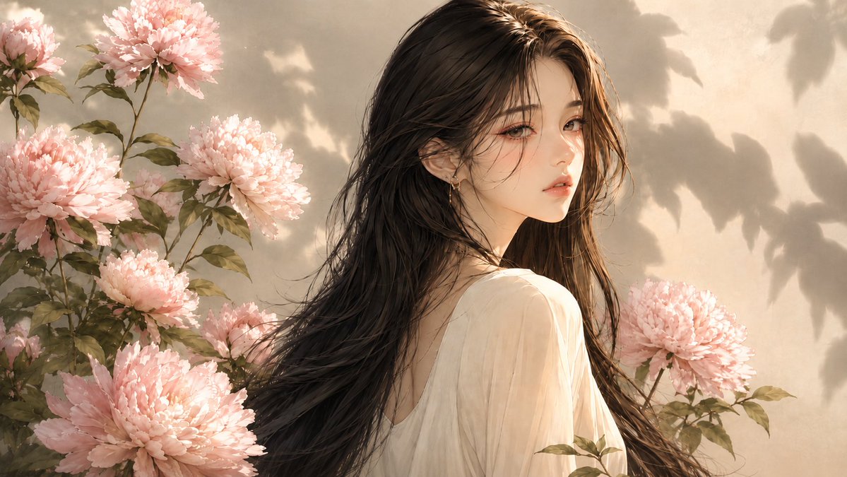 Create a soft Korean-style romantic digital portrait of a young woman standing among blooming pink chrysanthemums after…