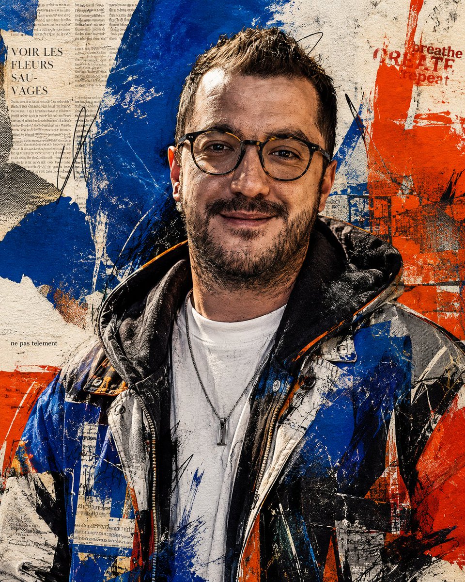 Create a square mixed-media urban poster portrait of {argument name="subject" default="an adult man"} shown from mid-to…