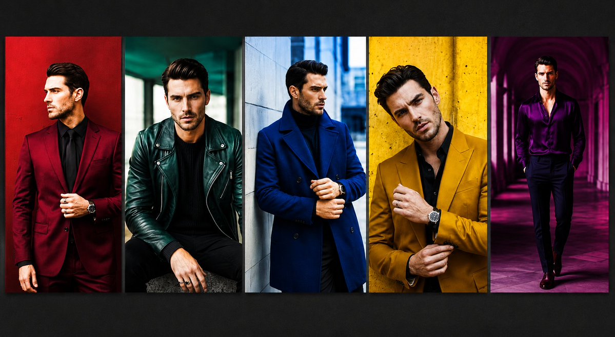 Goal: Create a high-fashion editorial collage showing exactly 5 vertical portrait panels of the same stylish adult male…