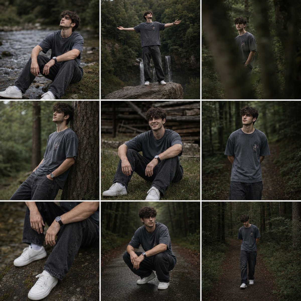 Create a cinematic editorial lifestyle photo series featuring a {argument name="subject" default="young curly-haired ma…
