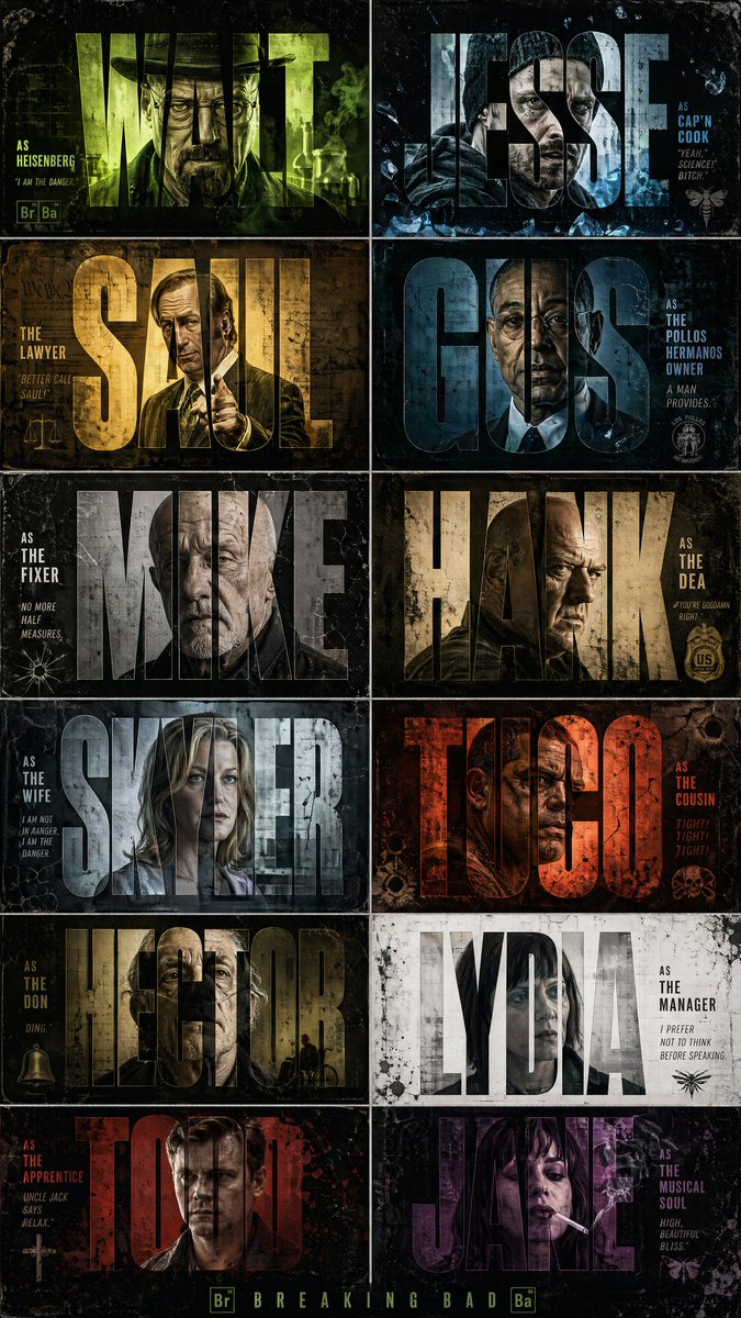 Create a high-contrast, cinematic graphic design poster inspired by the TV series 'Breaking Bad'. Use a 2x6 vertical gr…