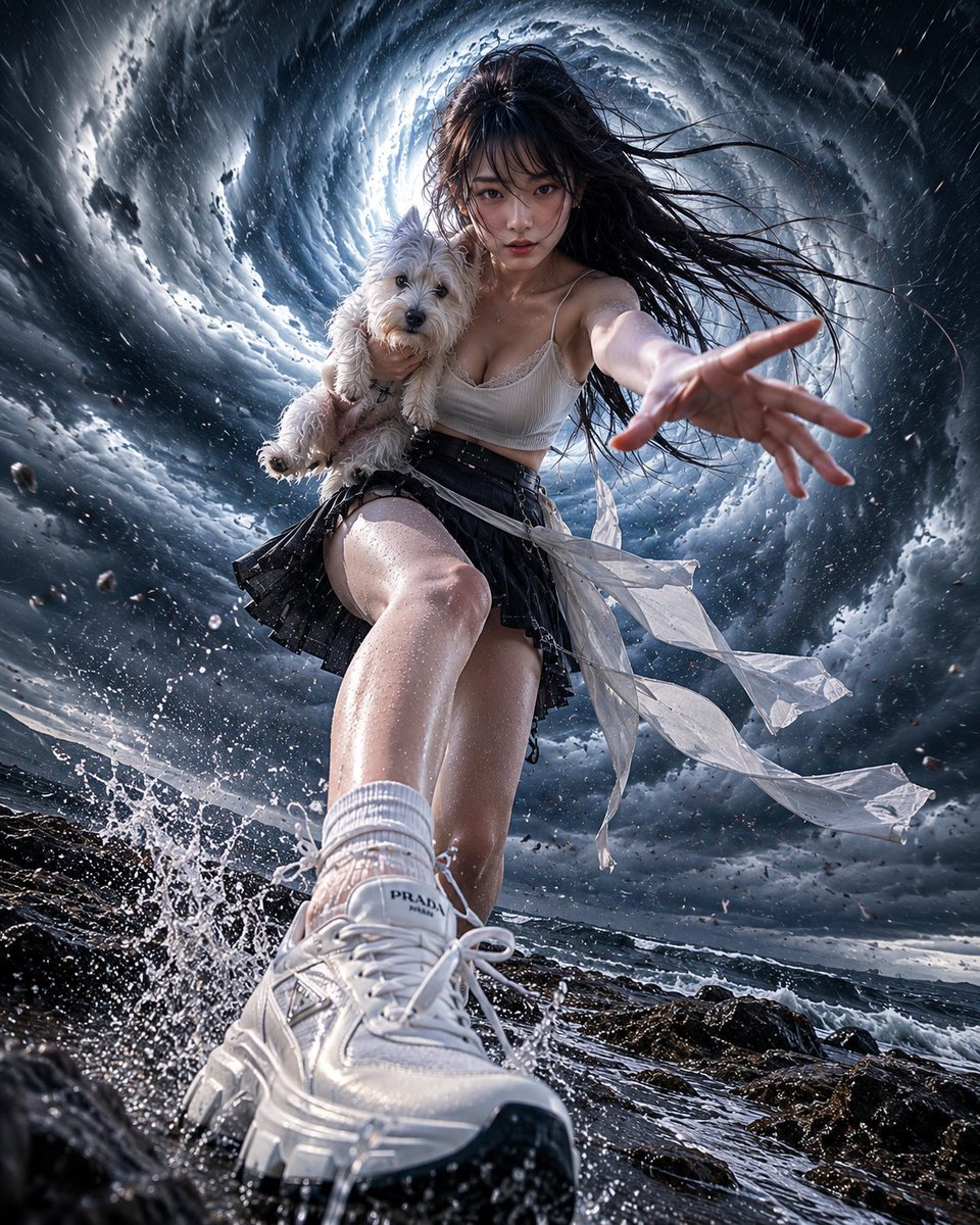 Subject: {argument name="background setting" default="seaside portrait facing a typhoon vortex"} / storm cinematic port…