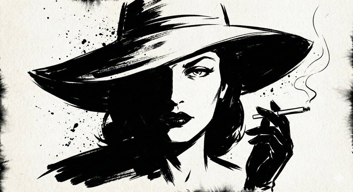 Dark, high-contrast noir-style portrait of {argument name="subject" default="a person"}, drawn entirely with bold black…