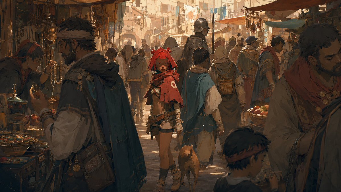 Create a cinematic 16:9 environment and crowd scene featuring {argument name="character name" default="Jiel"}, a young …