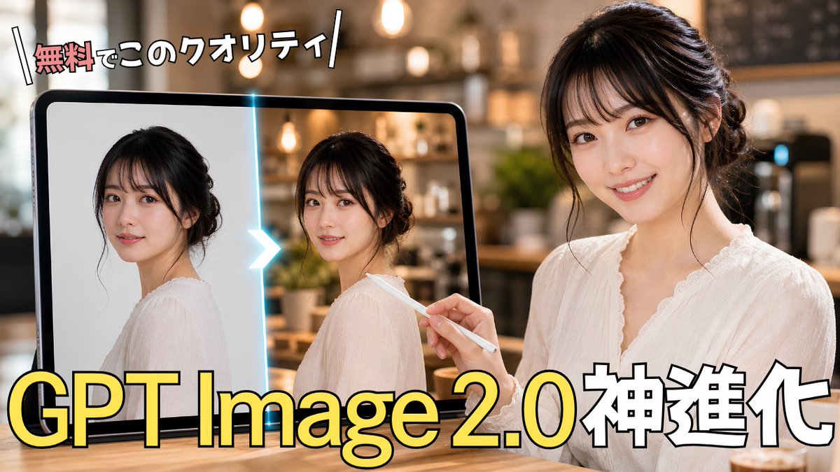 Create a high-impact Japanese YouTube thumbnail about AI image generation improvement. Canvas: 16:9 horizontal thumbnai…