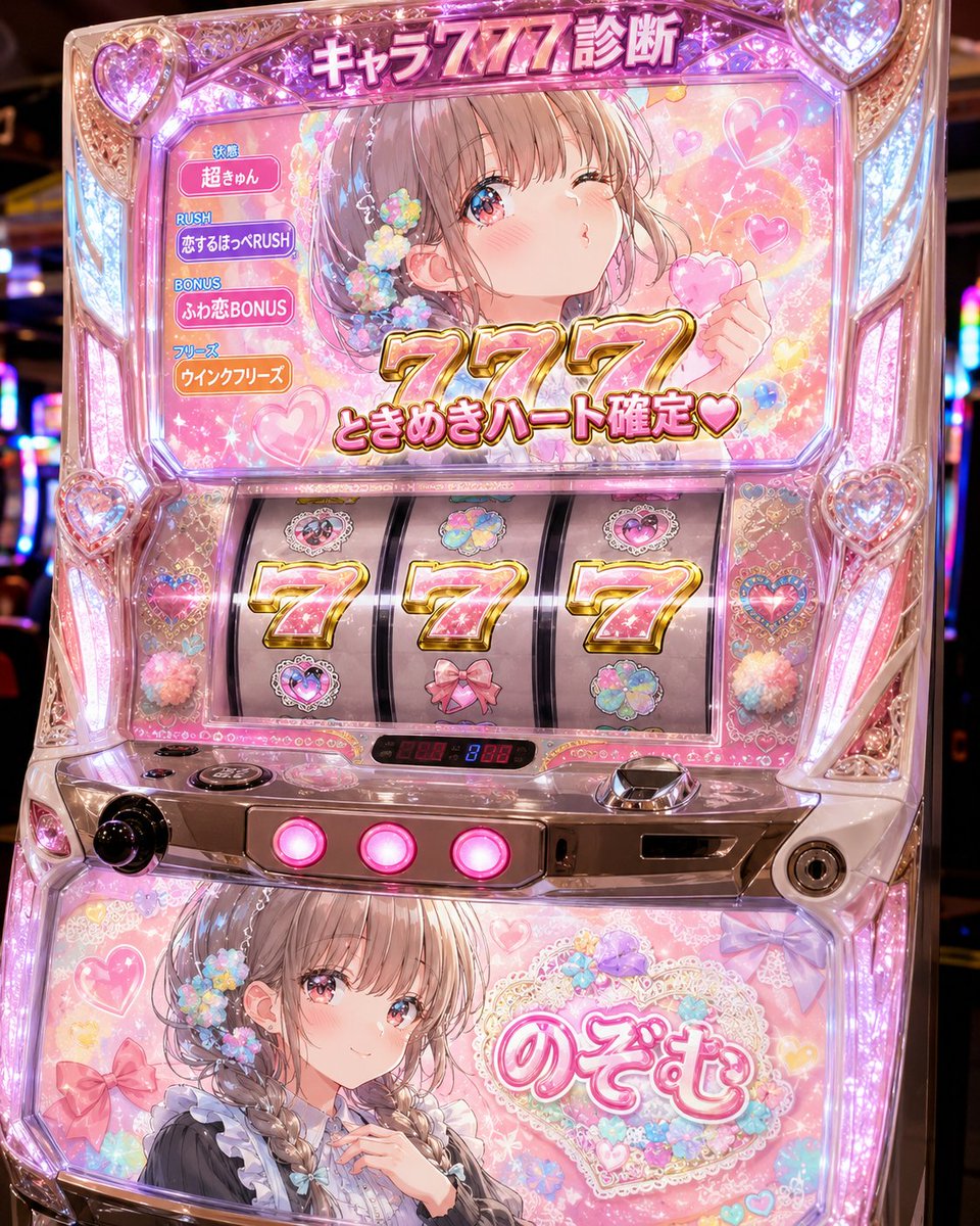 Goal: Create a photorealistic, glossy Japanese pachislot / slot-machine cabinet themed as an official custom character …