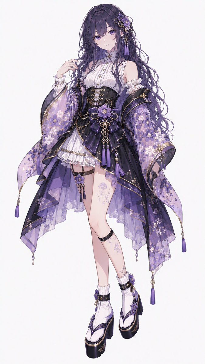 Create a full-body anime character fashion illustration of {argument name="character name" default="a young woman"} wea…