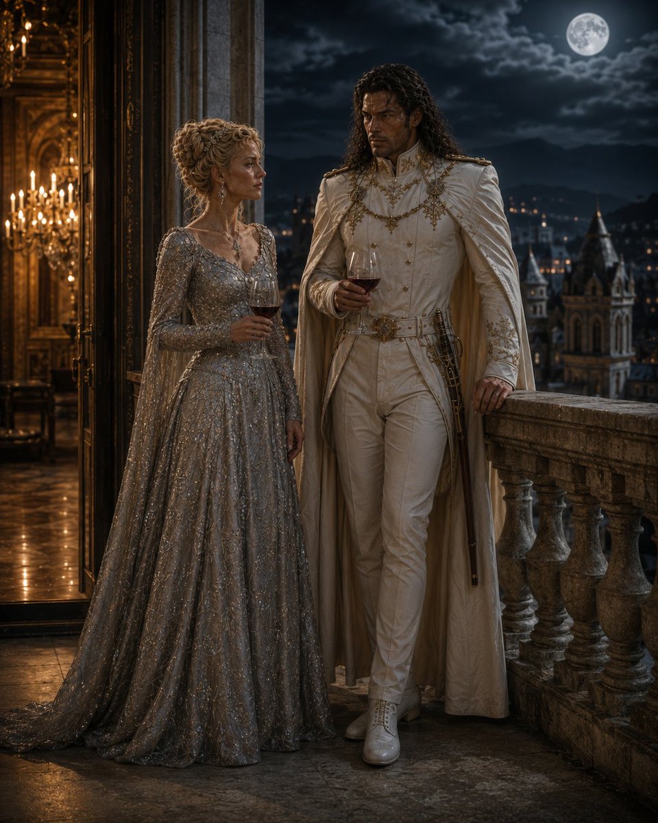 Create a cinematic fantasy-romance scene titled {argument name="scene title" default="Afterglow of the Ball"}: a noble …