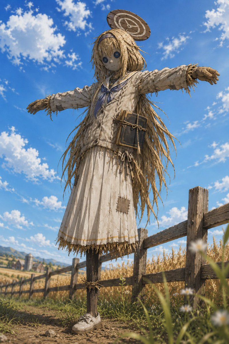 Create a highly detailed cinematic anime-realism image of a life-size scarecrow version of {argument name="character ar…