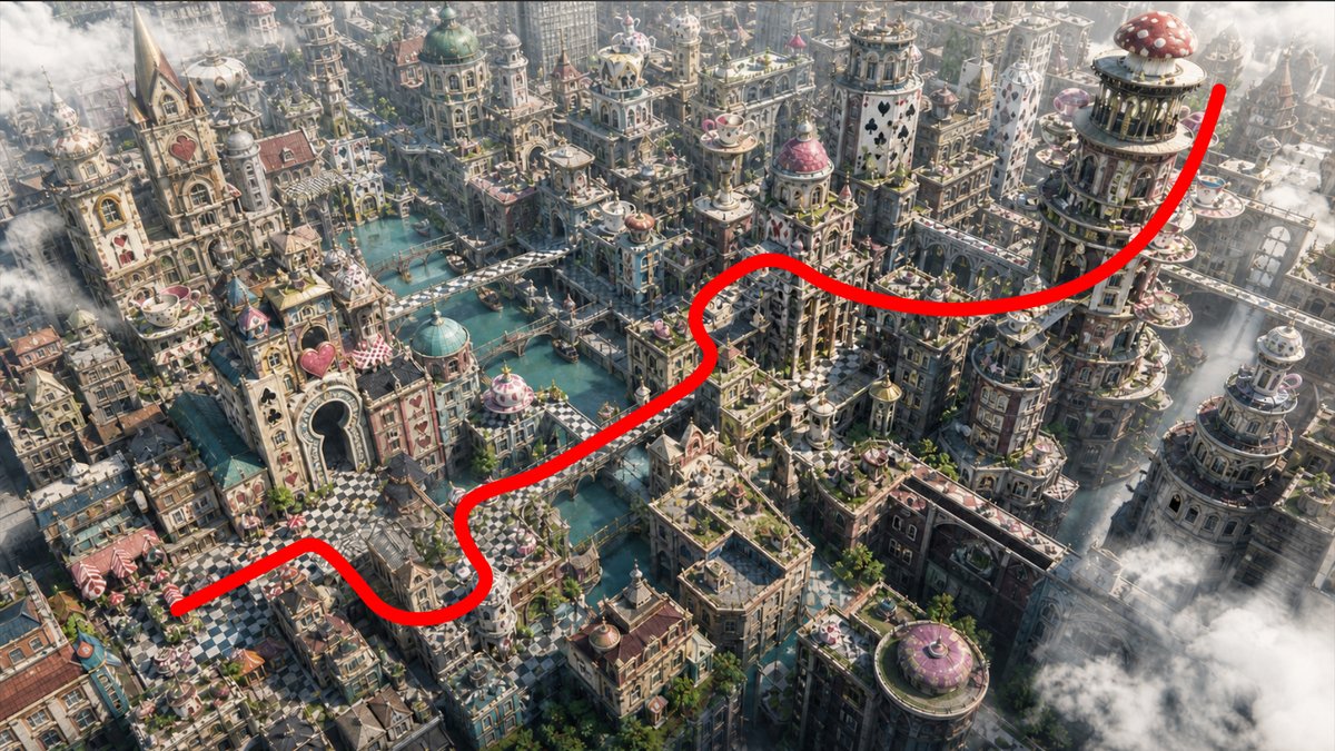 Goal: Create a wide cinematic aerial establishing shot of a fantastical baroque city inspired by Alice in Wonderland, w…