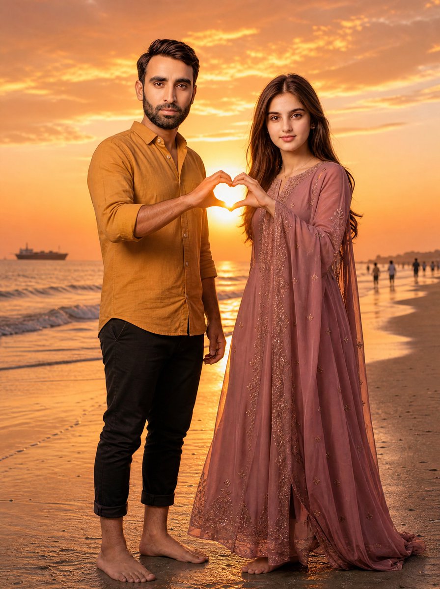 Create a realistic vertical romantic beach portrait of a South Asian couple standing barefoot on wet sand at golden sun…