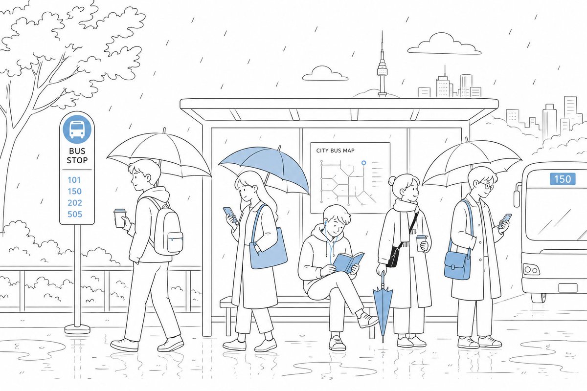 Create a cute minimalist line-art illustration of a rainy city commute at a bus stop, in a clean Japanese stationery / …