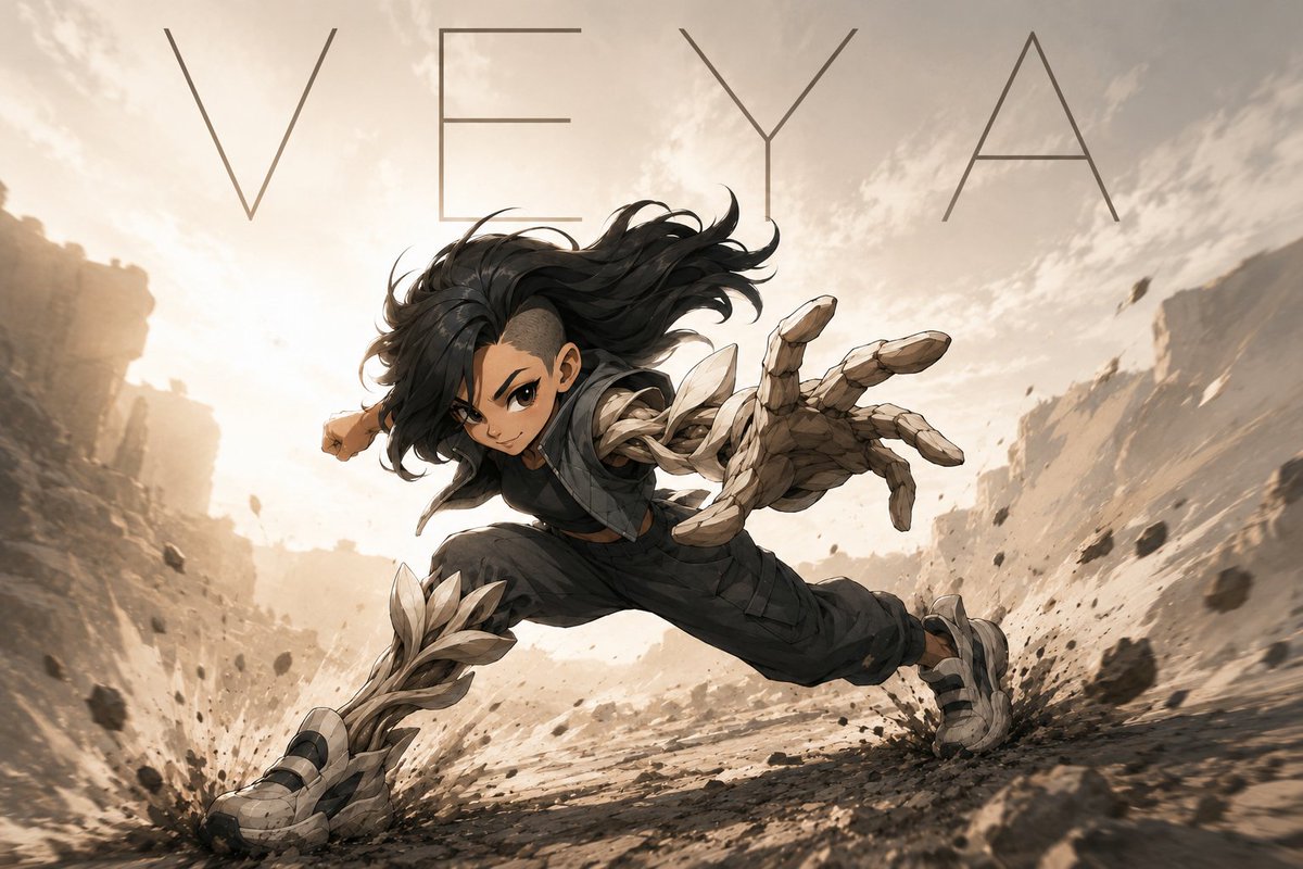 Create a dynamic cinematic anime-style action poster of {argument name="character name" default="VEYA"}, a young warrio…