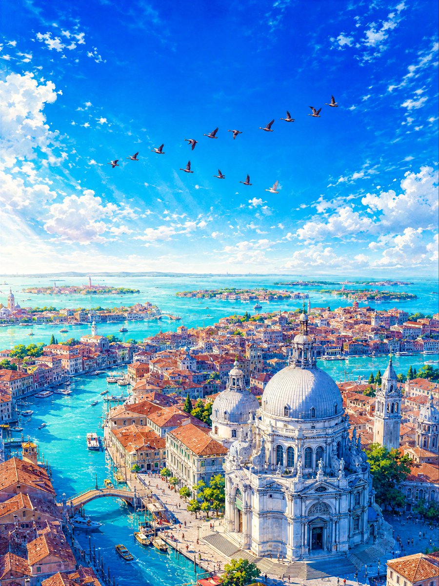 Slowly crossing the sky over {argument name="scenery" default="a city of water"}, {argument name="subjects" default="a …