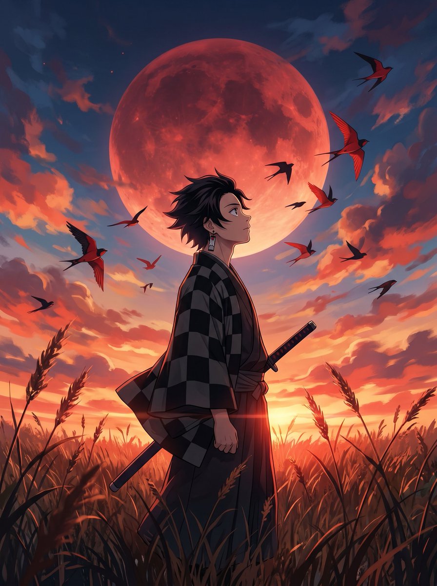 A {argument name="character" default="young male anime warrior"} standing in a vast golden field of tall wild grass, vi…