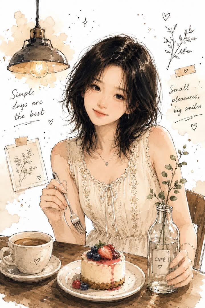 Minimal watercolor ink illustration with soft anime realism, hand-drawn sketch aesthetic, and cozy café editorial art s…