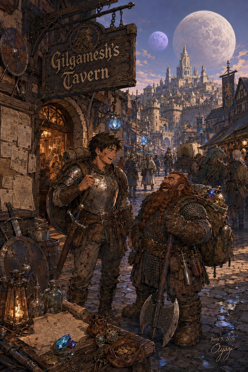 Create a richly detailed vertical fantasy illustration of {argument name="location" default="Gilgamesh's Tavern on the …