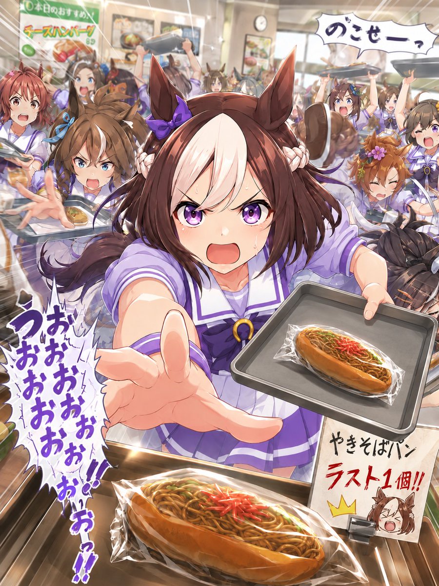 Goal: Create a high-energy anime cafeteria action illustration featuring {argument name="character name" default="a bro…
