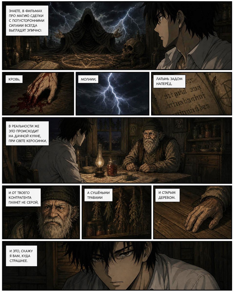 Goal: Create a dark graphic-novel comic page in Russian about how cinematic black-magic scenes look epic, while real oc…