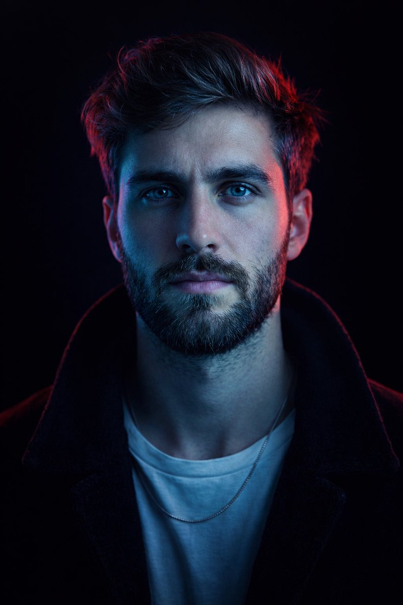 Studio portrait, tight head-and-shoulders close-up, eye-level, near-perfect central symmetry. Sharp focus on face with …