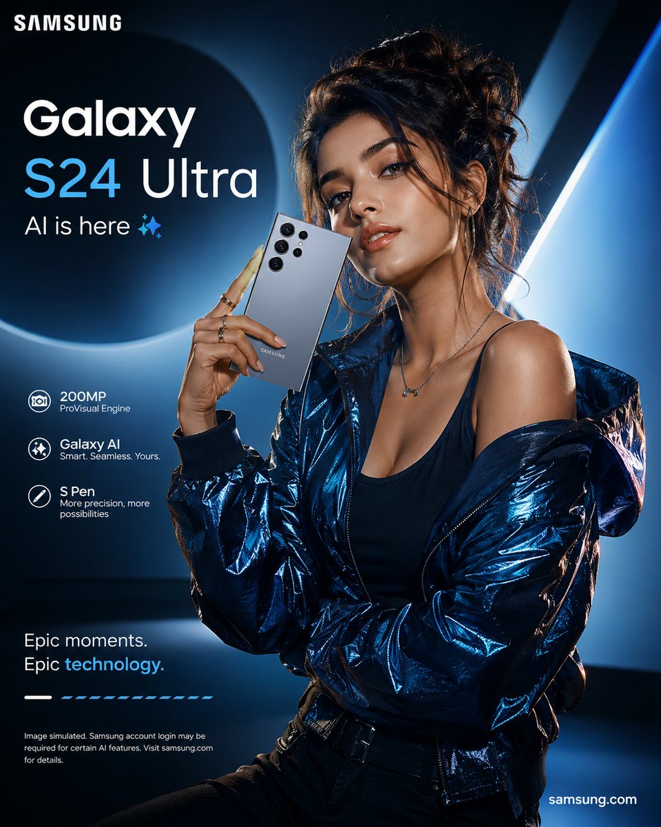Create a premium smartphone advertising poster featuring a {argument name="model" default="stylish young female model"}…