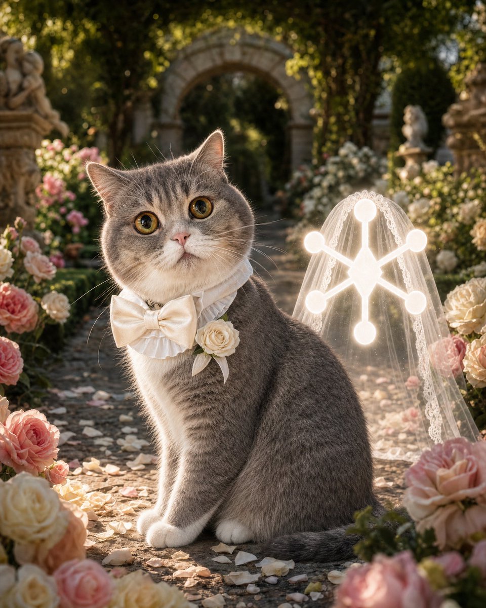 Create a photorealistic luxury wedding portrait of a cute {argument name="cat breed" default="British Shorthair"} cat a…