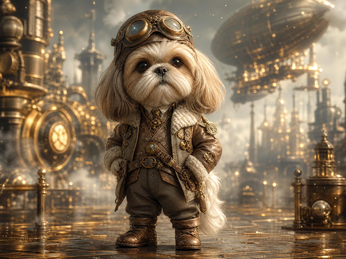 Create a highly detailed cinematic steampunk fantasy portrait of a cute small {argument name="dog breed" default="Shih …