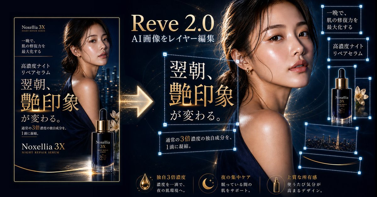 Goal: Create a high-end dark luxury advertising demonstration graphic for an AI image editor, showing a cosmetic serum …
