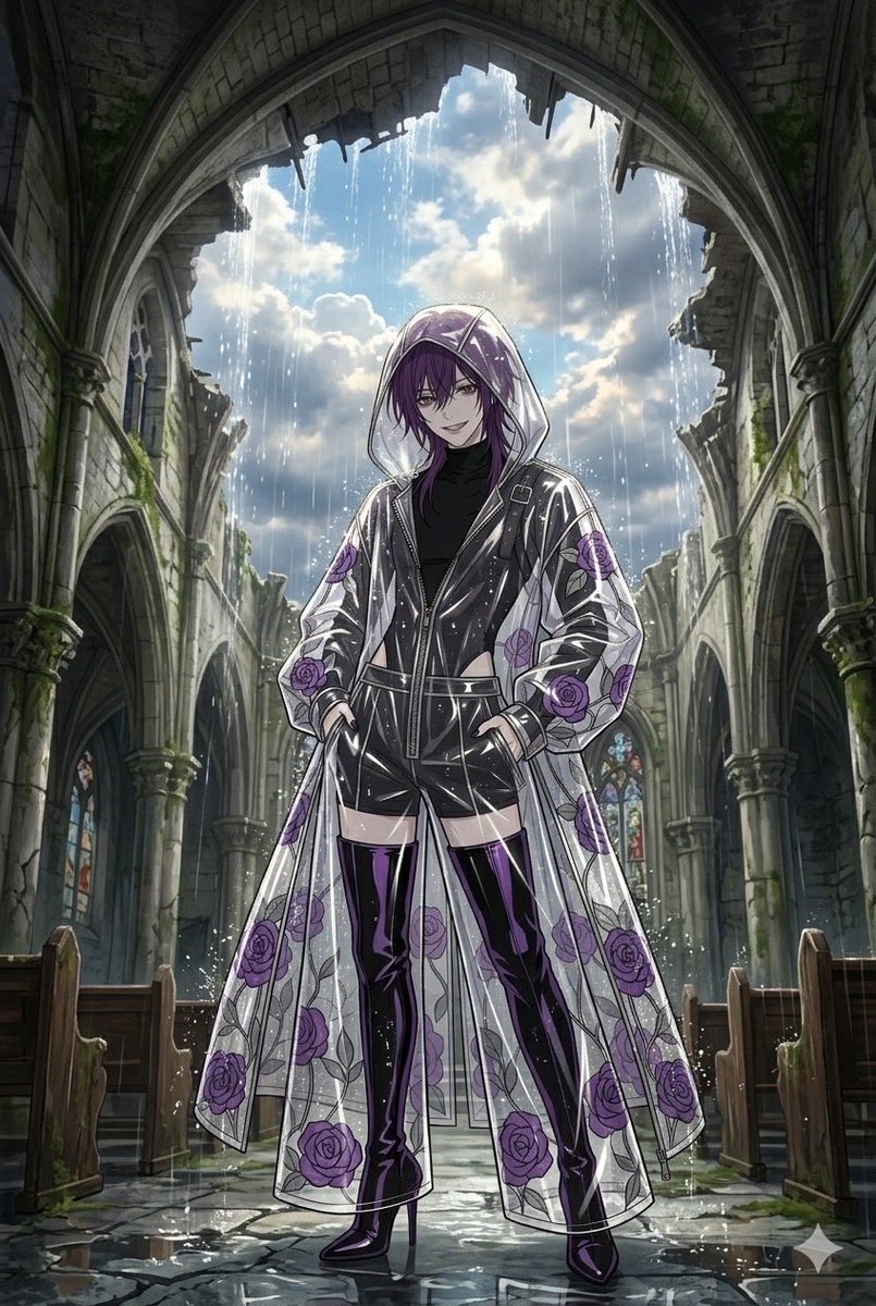 Create a vertical anime-style fashion illustration of {argument name="character name" default="a mysterious young woman…