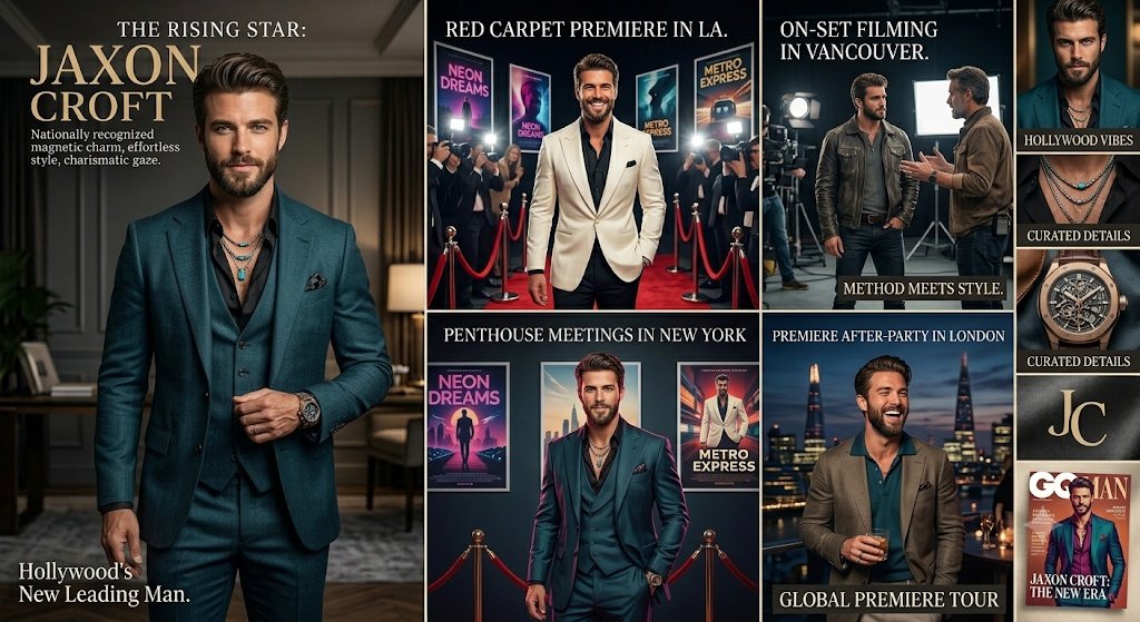 Goal: Create a cinematic luxury magazine-style celebrity profile collage for {argument name="character name" default="J…