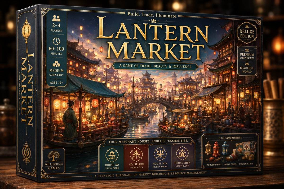 Goal: Create a premium, highly believable deluxe hobby board game box front for an imaginary tabletop strategy game cal…