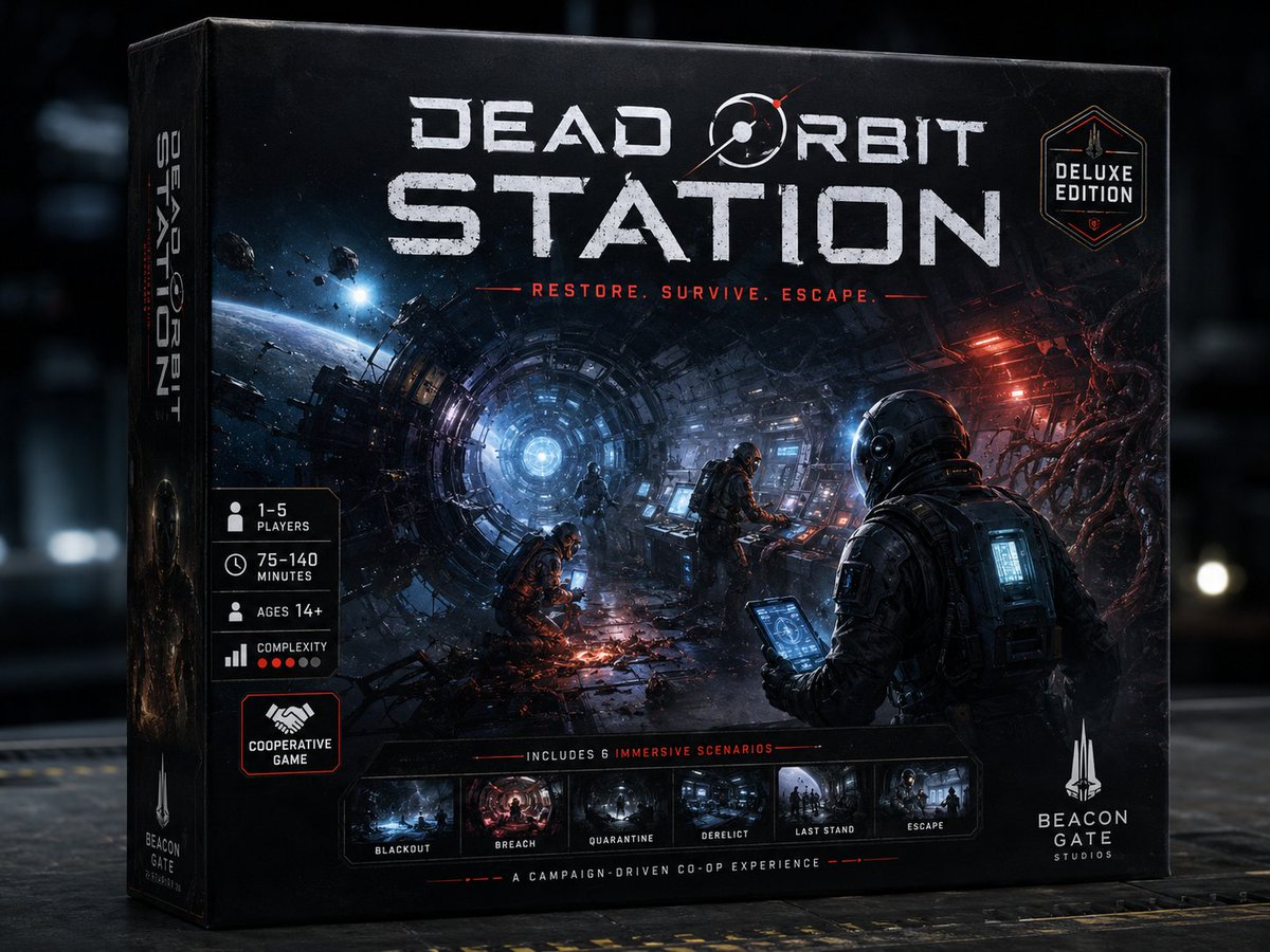 Goal: Create a premium, highly believable deluxe board game box front for an imaginary sci-fi horror tabletop game titl…