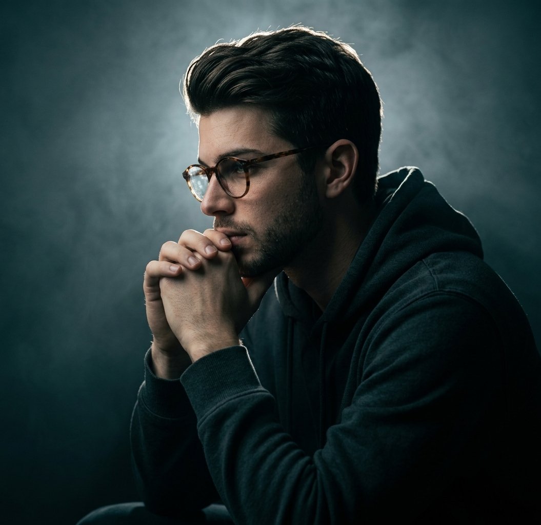 A cinematic fine-art portrait of a young person sitting in deep contemplation, hands clasped together near the face, we…