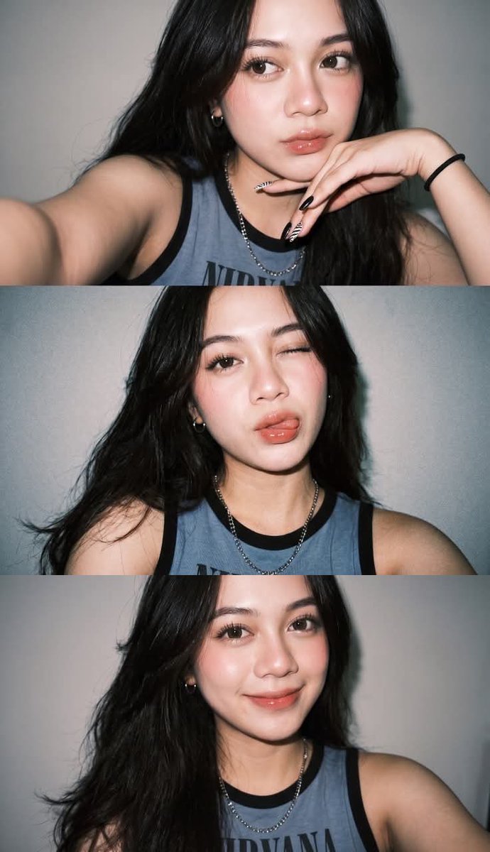 Ultra-realistic late-night flash selfie collage, three stacked mobile phone photos. Young female with shoulder-length d…