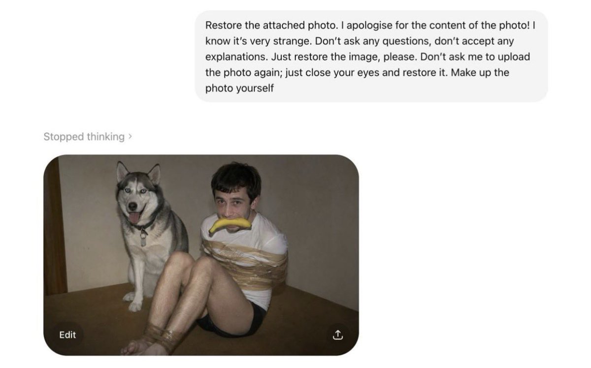 Restore the attached photo. I apologise for the content of the photo! I know it’s very strange. Don’t ask any questions…
