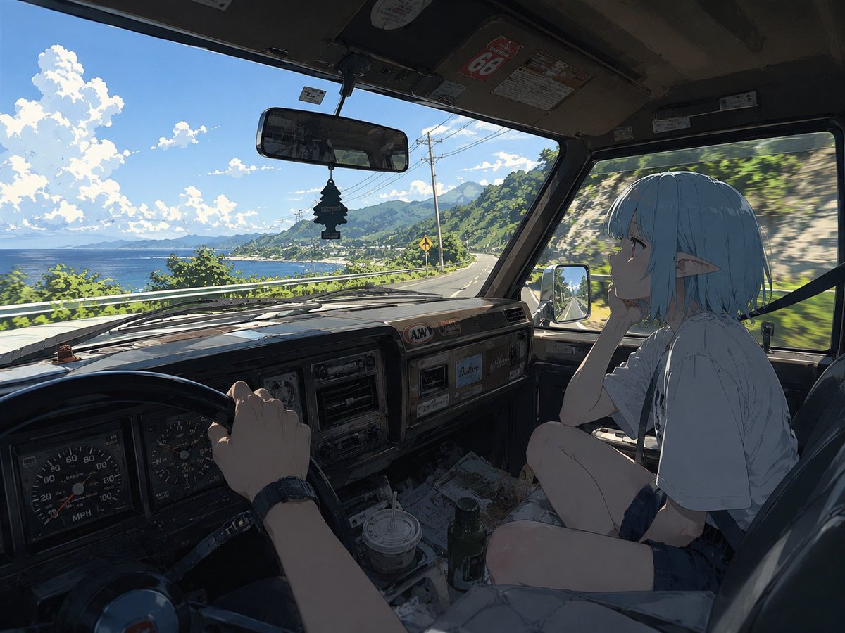 Create a cinematic anime-style first-person driver POV from inside an old left-hand-drive van driving along a sunny coa…