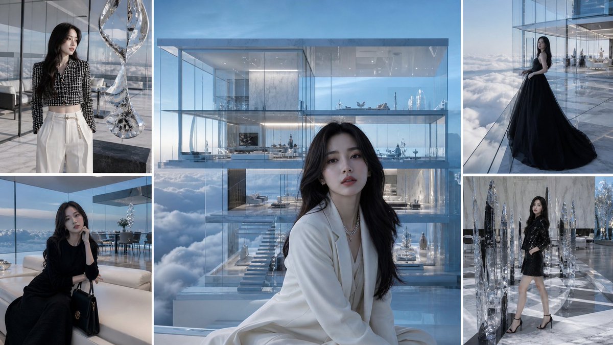 Goal: Create a luxury fashion mood-board collage featuring an anonymous elegant woman inside an ultra-modern glass pent…