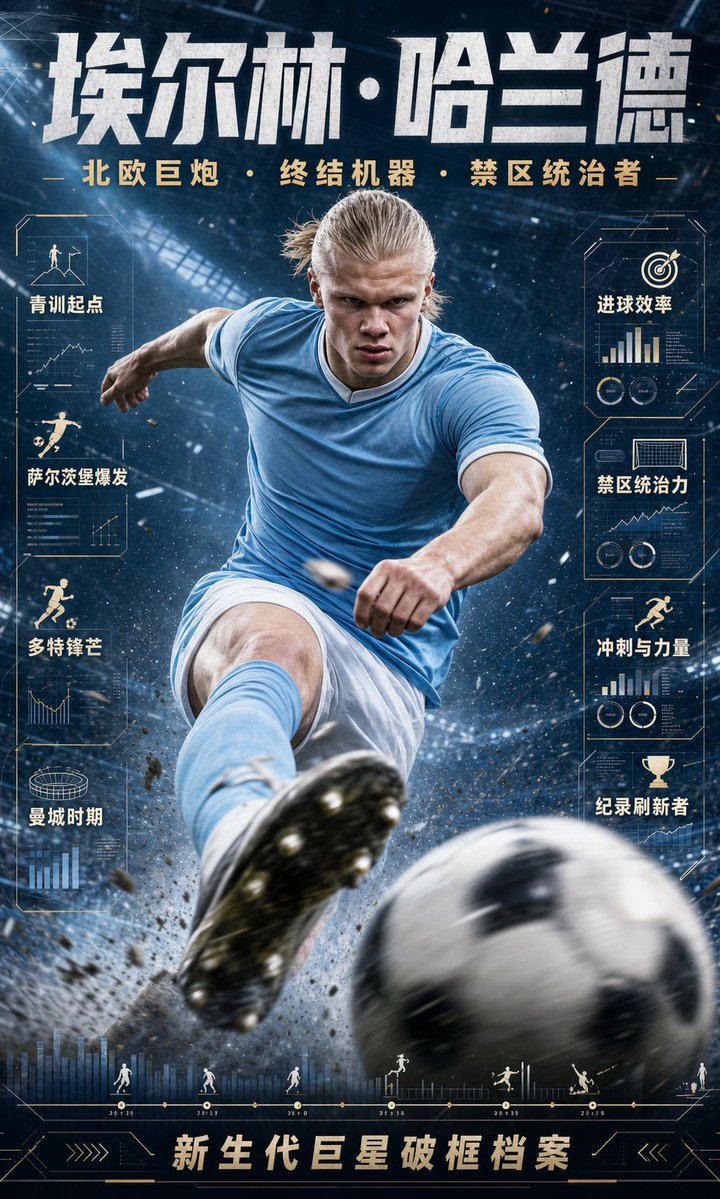 Goal: Create a vertical modern football superstar collectible poster for {argument name="player name" default="埃尔林·哈兰德"…