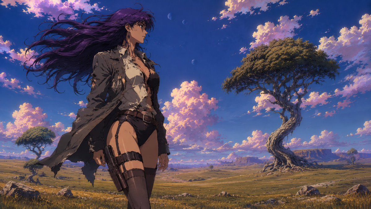 Create a cinematic widescreen anime-style fantasy illustration of a lone {argument name="character type" default="tall …