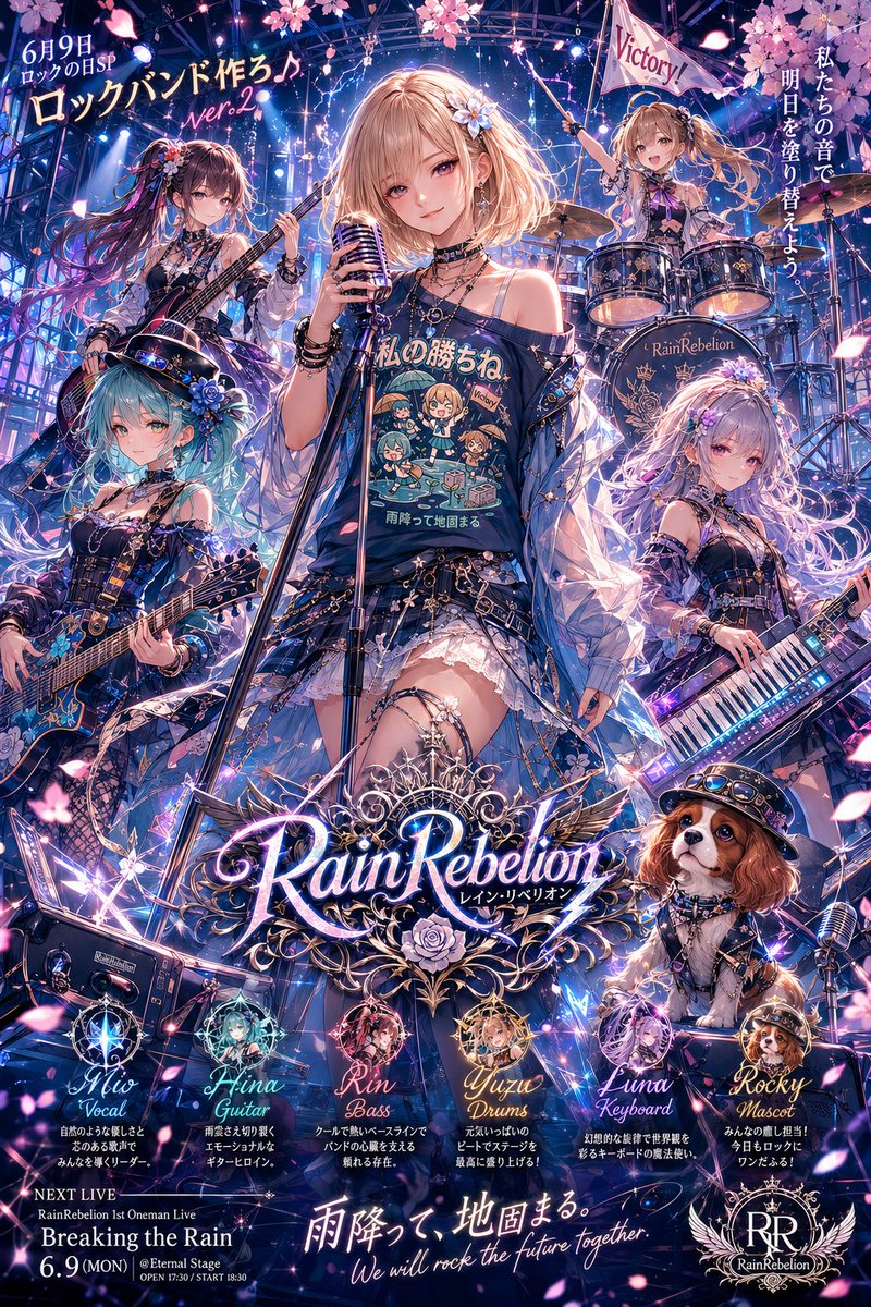 Goal: Create a highly detailed vertical anime rock-band concert poster for June 9 Rock Day, featuring an all-girl band …