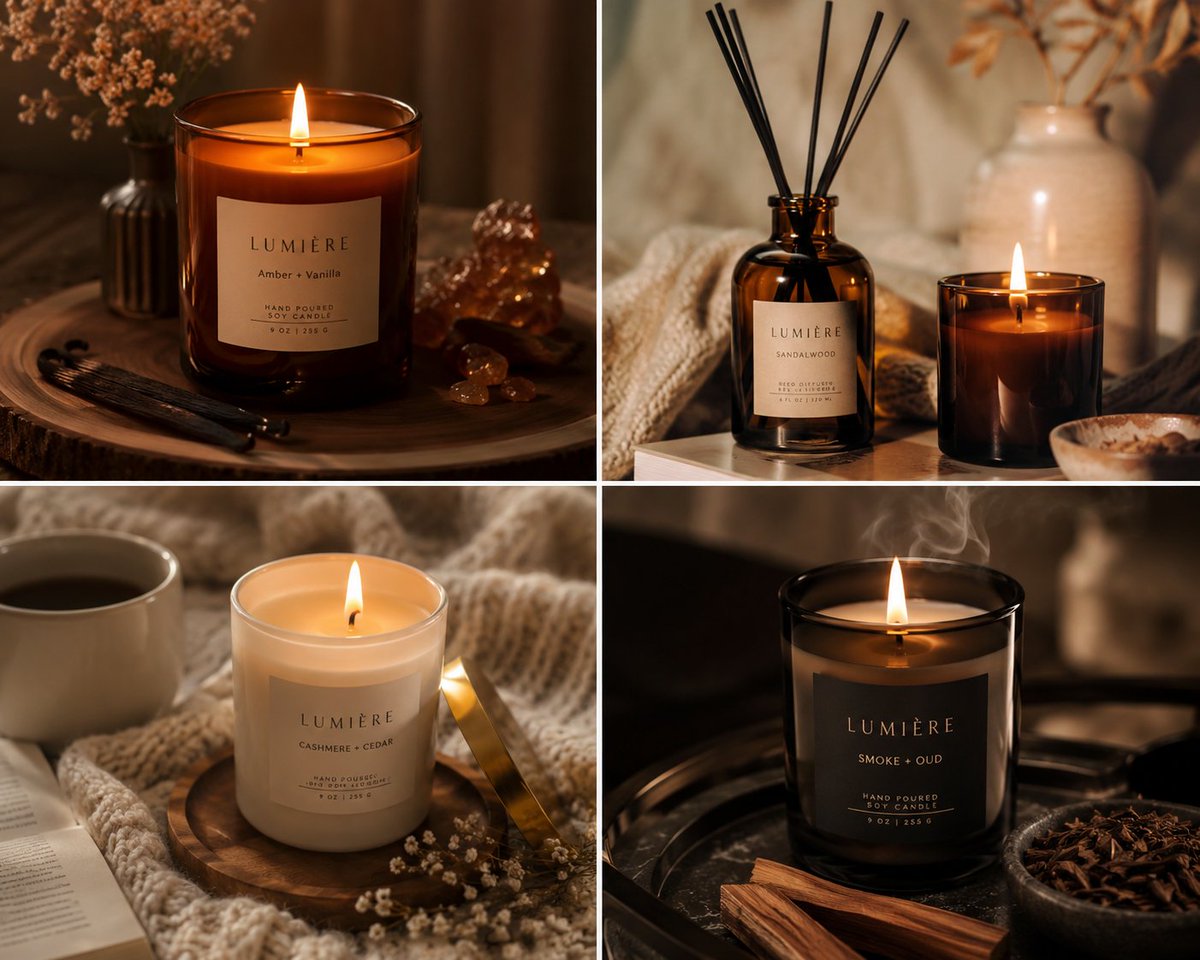 Produce warm, atmospheric {argument name="product" default="candle and home fragrance"} product images that sell the fe…