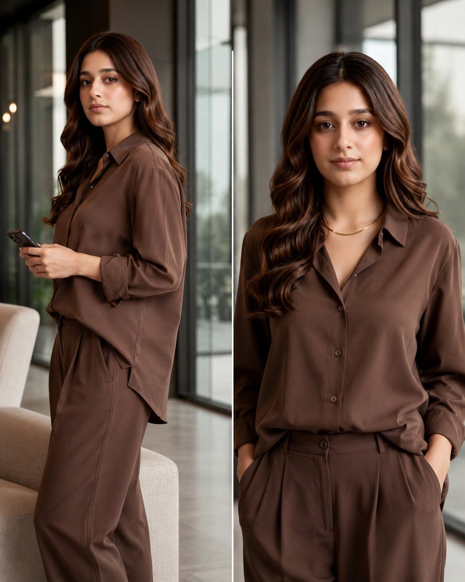 A two-panel vertical collage showing the same woman in a {argument name="outfit color" default="monochrome brown outfit…