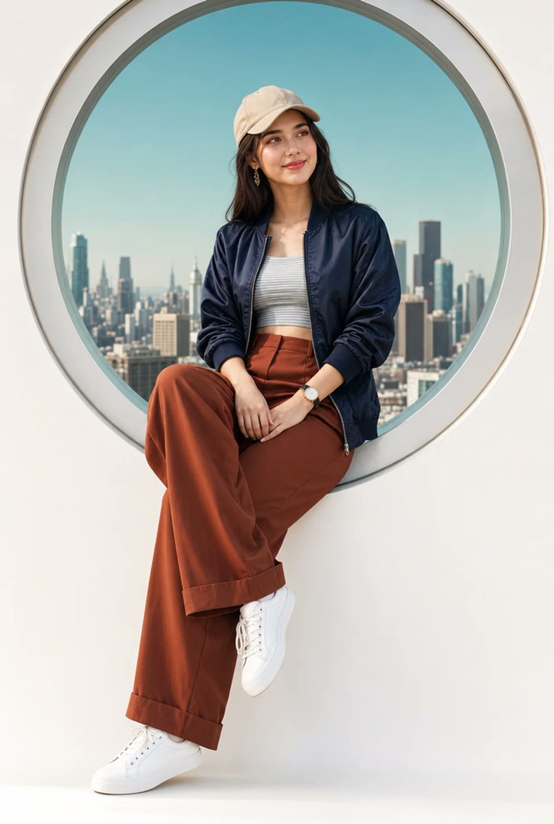 A stylish young woman sitting casually on a white ledge, framed within a {argument name="window style" default="large c…