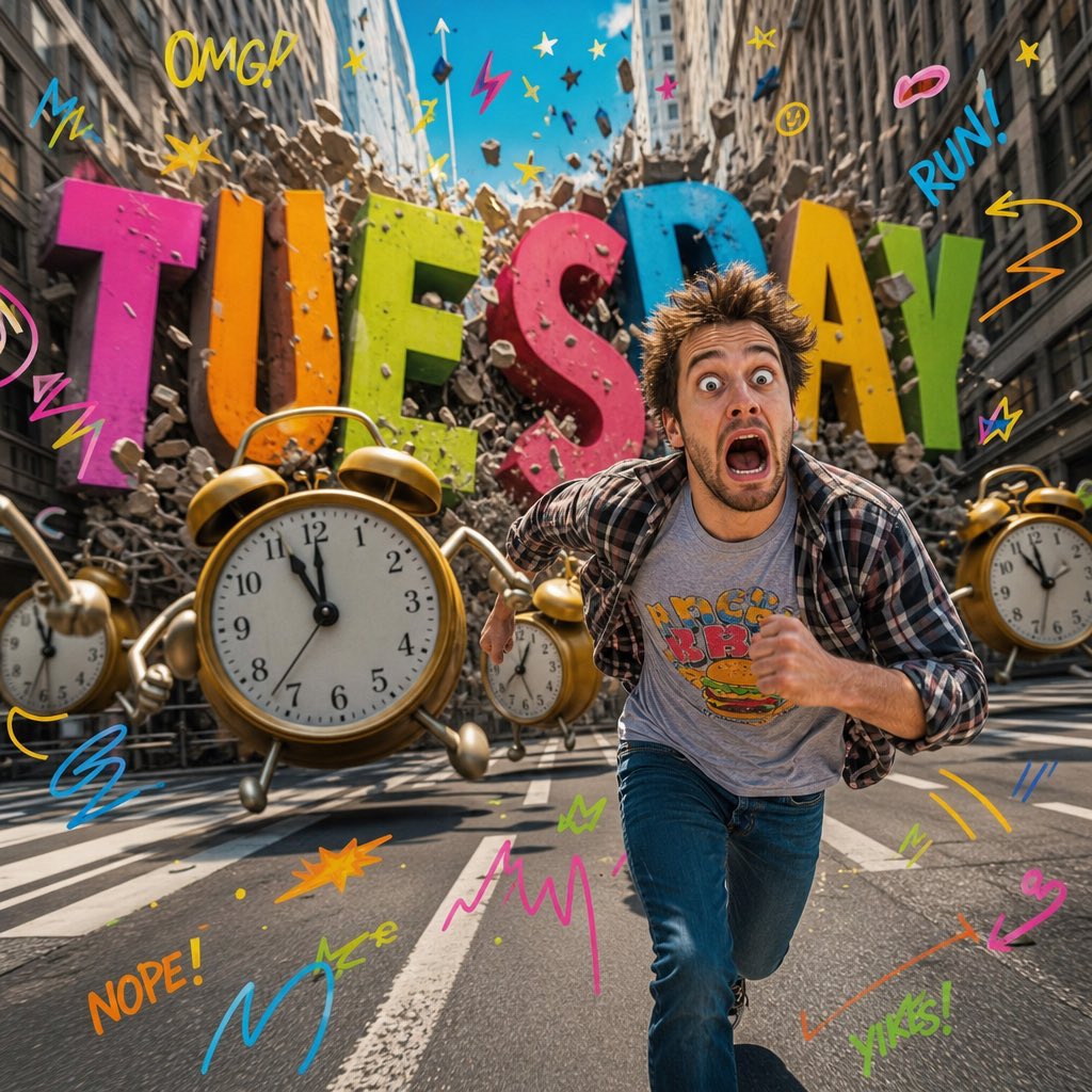 Ultra realistic surreal pop-art scene, a {argument name="subject" default="young man"} running through a city while {ar…