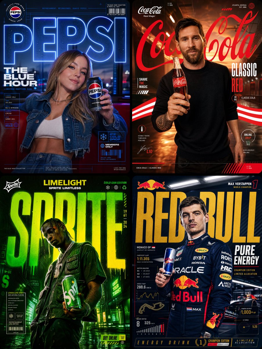 Soft Drinks & Beverages ({argument name="brands" default="Pepsi, Coca-Cola, Sprite, Red Bull"}). retro-modern glow, dyn…