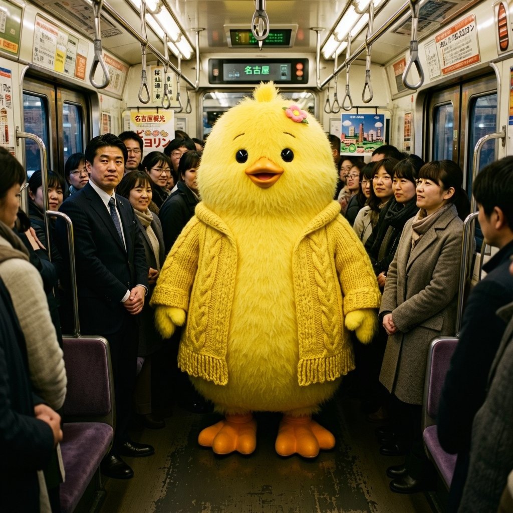 Create a photorealistic, slightly whimsical scene inside a crowded Japanese commuter train in {argument name="city" def…